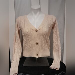 London Kaye - Cream Cable Knit Button Up Cropped Sweater, Size X-Small